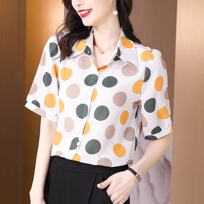 

Летняя шифоновая рубашка на пуговицах с принтом в горошек, модные женские топы, Прямая поставка