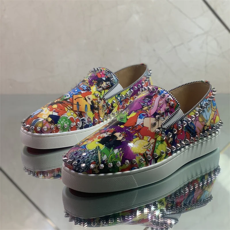 

Top Luxury Designer Low Cut Colorful Pattern Red Bottom Shoes For Men Casual Flats Loafers Wedding Sneakers Women Driving Spikes