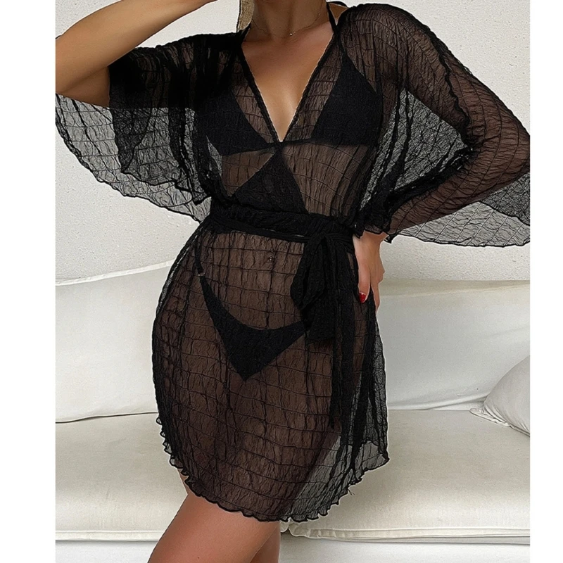 

Womens Sheer Bikinis Cover Up Deep V Necki Beach-Dress Black Swimsuit Cover Up Female Beach-Cover Up for Vacation Summer GXMF