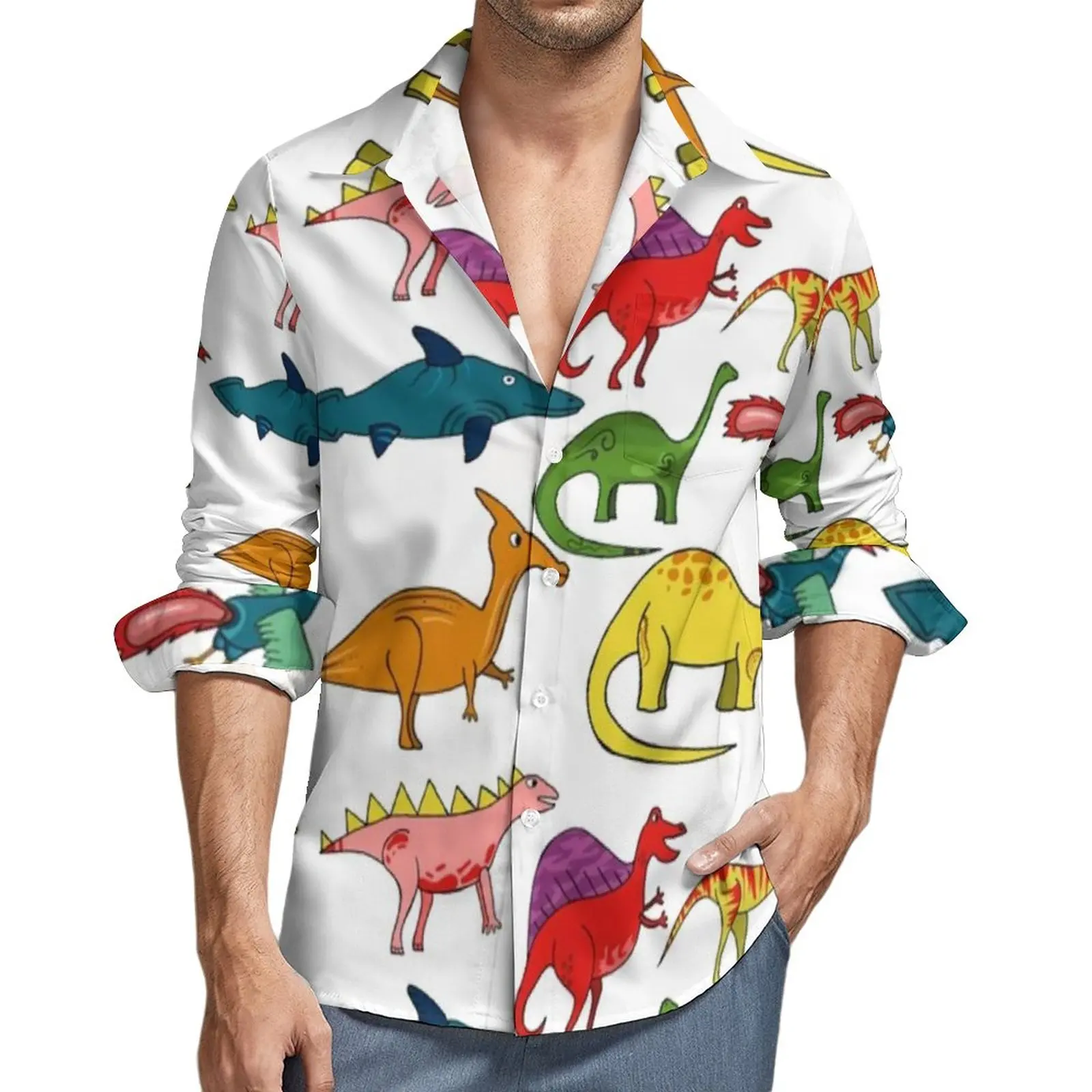 

Cartoon Dinosaurs Shirt Spring Dinosaur Collection Casual Shirts Male Vintage Blouses Long Sleeve Design Y2K Clothing Plus Size