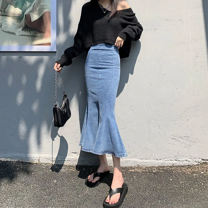 Женская джинсовая юбка-годе Lucyever длинная облегающая юбка с разрезом оборками и