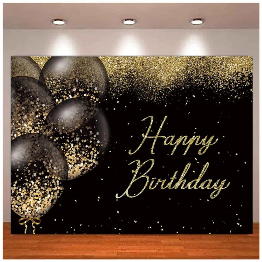 

Photography Backdrop Black And Gold Glitter Bokeh Balloons Background Happy Birthday Party Golden Sparkle Bday Banner Decoration