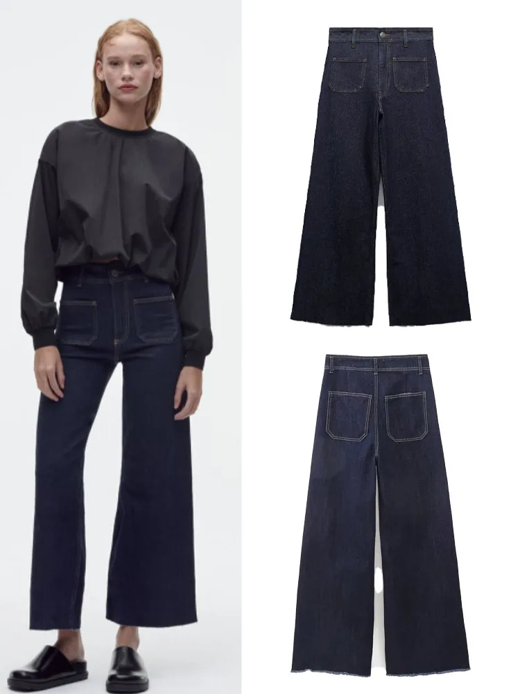 

Новинка лета 2023, женская одежда, универсальные повседневные модные удобные темно-синие джинсы со стандартной талией и широкими штанинами