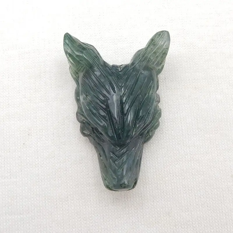 Natural Stone Moss Agate Handcarved Wolf Head Pendant Bead 38x25x13mm 12g Semiprecious Fashion Jewelry Necklace Accessories