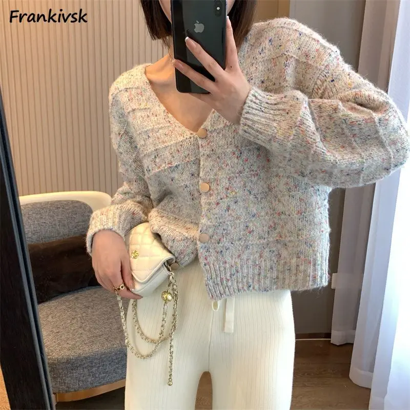 

Cardigan Women Colorful V-neck Chic Popular Elegant Autumn New Cropped Knitwear Single Breasted Minimalist Retro Korean Style