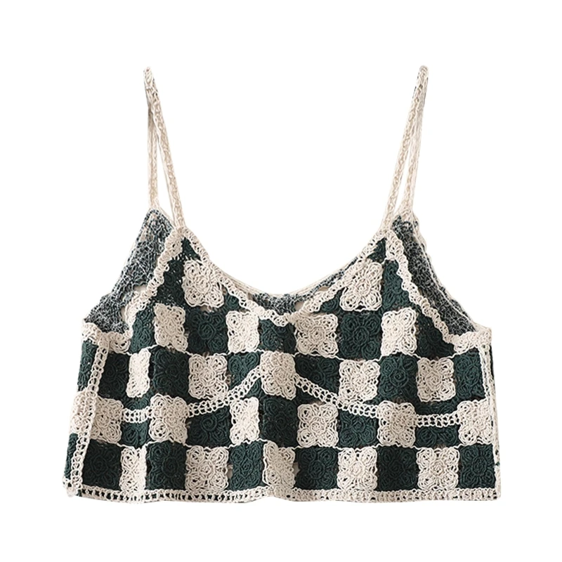 Женский вязаный крючком укороченный топ без рукавов клетчатый свитер в цветочек