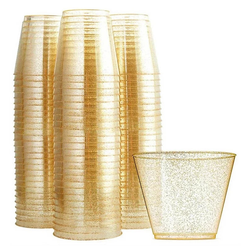 

72X Golden Plastic Cup Disposable Water Cup Golden Powder 90OZ Juice Cup Dessert Cup Mousse Cup
