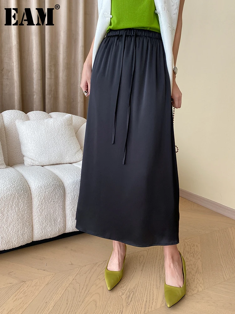 

[EAM] Женская длинная повседневная юбка с высокой эластичной резинкой на талии, бежевого и черного цвета, на завязках, весна-осень 2023, 1DH0290