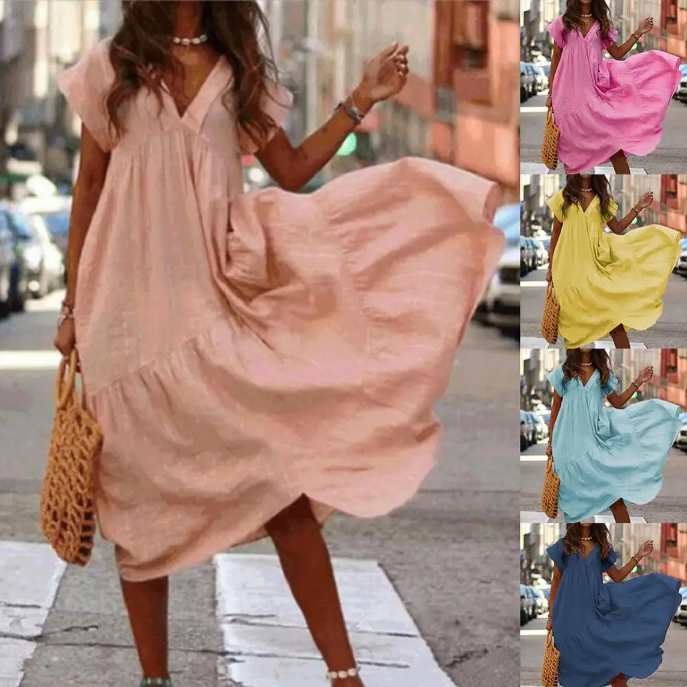 

Женский летний сарафан с рюшами, Элегантное повседневное женское винтажное платье миди с драпировкой, однотонное богемное платье большого размера, 2022