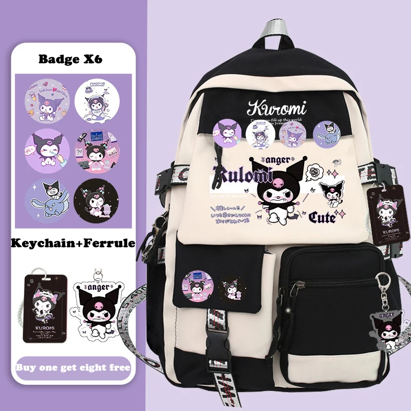 

Sanrio Cartoon Character Kuromi Printed Nylon Backpack Multi Functional Pocket Schoolbag High Capacity Knapsack Birthday Gift