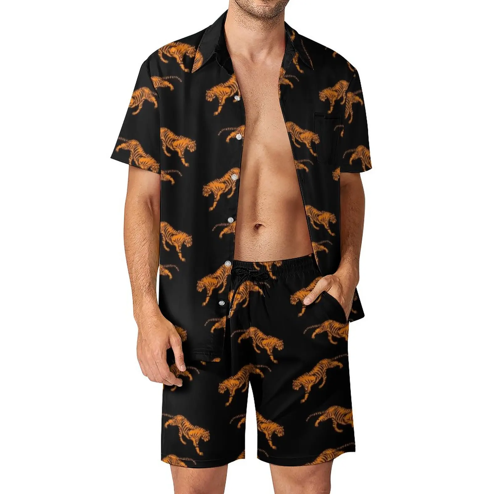 

Stalking Tiger Men Sets Wild Animal Print Casual Shorts Summer Trending Outdoor Shirt Set Short Sleeve Plus Size Suit Gift