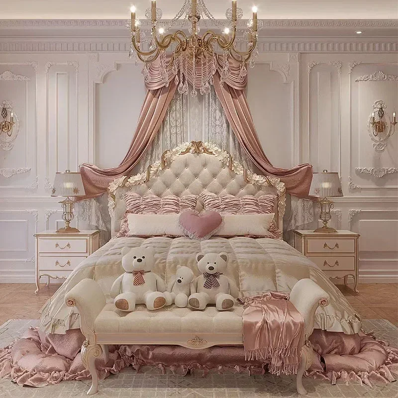 

Luxury Bed French Carved Solid Wood Bed Dream Princess Bed Fabric Double Master Bedroom Storage Soft Leaning Wedding Bed