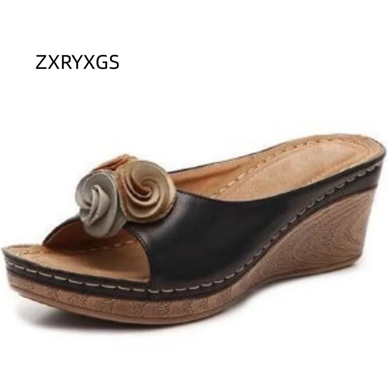 

ZXRYXGS новые модные тапочки с цветами на танкетке 2023 Популярные Премиум Обувь из ПУ с открытым носком летние женские сандалии большого размера 43
