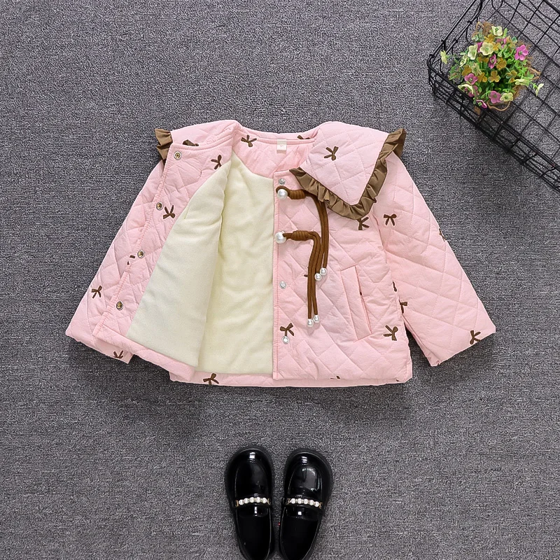 Милое Хлопковое Зимнее Пальто Для Девочек С Большим Воротником Кружевным Бантом