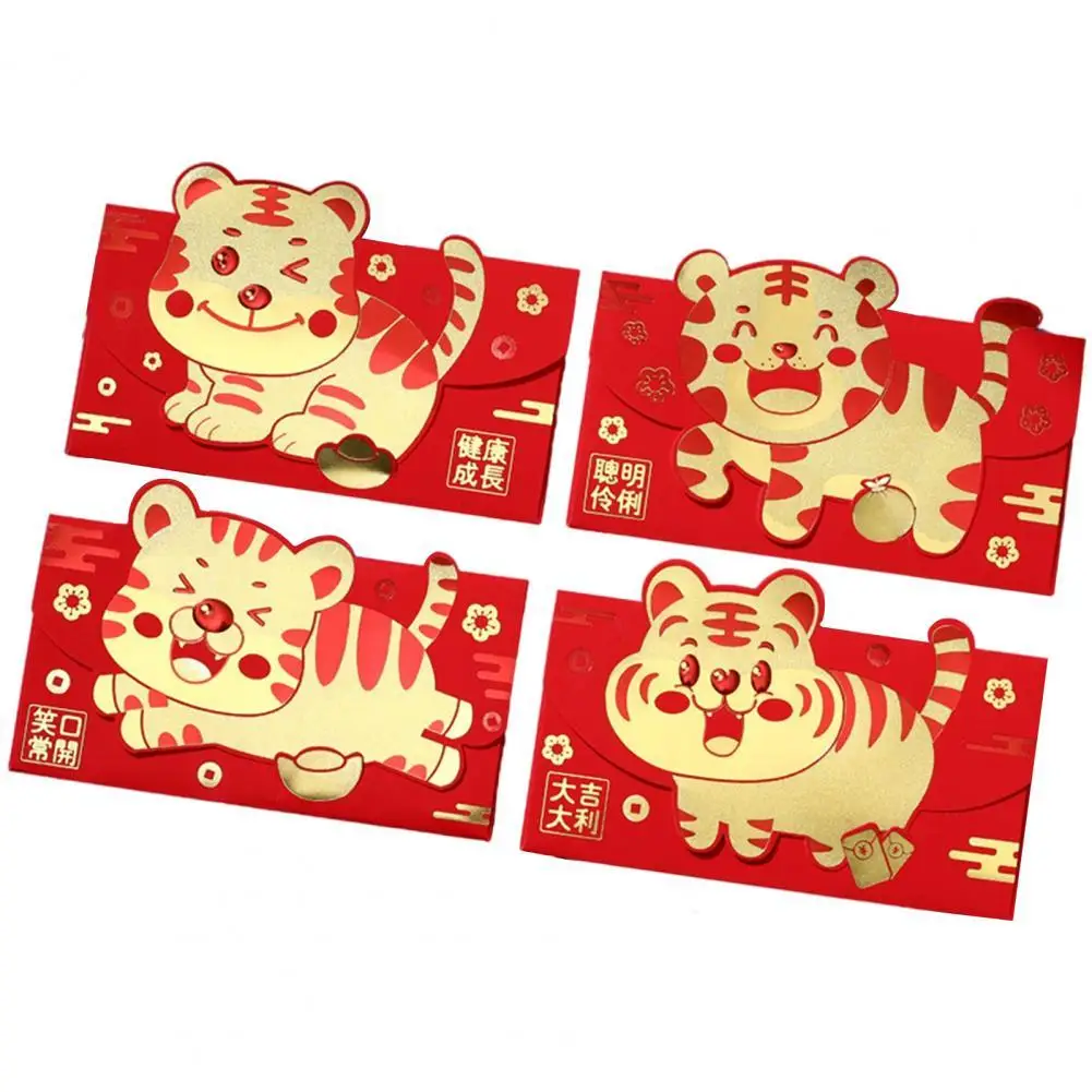 

Compact 4Pcs/Set Cute 2022 Cartoon Tiger Pattern Lucky Pocket Paper Red Envelope Attractive Party Supplies