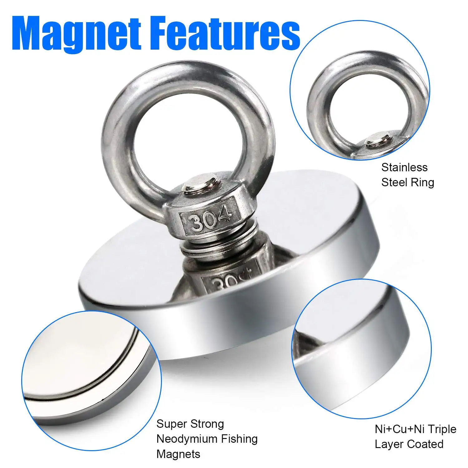 

Strong Neodymium Fishing Magnets with Countersunk Hole Eyebolt Diameter 2.95 inch(75 mm) 700 lbs(318 KG) Pulling Force