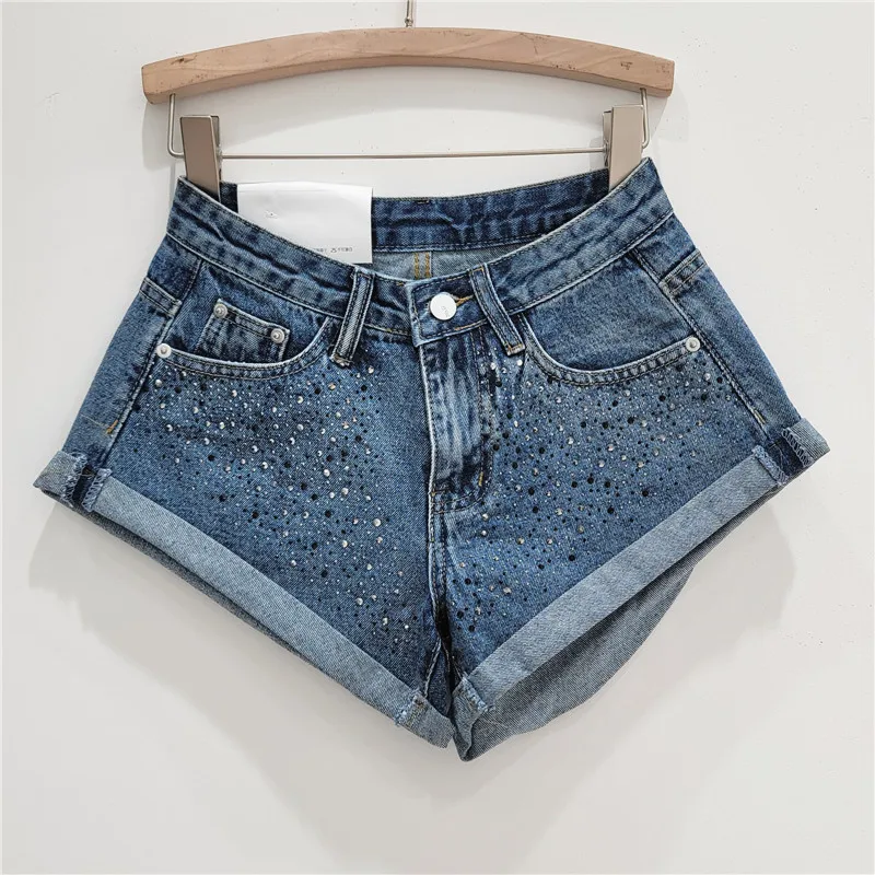 Sweet Pink Rhinestone Denim Shorts for Women Trendy 2023 New Summer High Waist Slimming Flanging Wide Leg Short Jeans Hot Pants