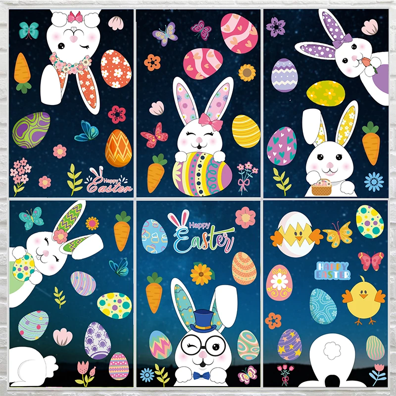 

2022 Happy Easter Window Stickers Cartoon PVC Waterproof Wall Stickers Bright Color Easter Rabbit Eggs Decorations Easter Party