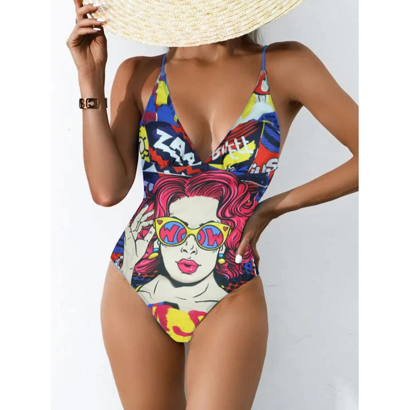 

Summer Ladies Sling Funny Print One-Piece Swimsuit Personality Pop Style Swimwear Sexy High Waist Backless Tight Bikini