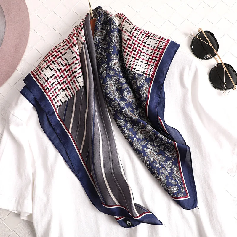 

Fashion Kerchief Hair Scarf Female Plaid Print Bandana Head Scarfs for Ladies 70cm Square Neckerchief Hijab Scarves Wrist Ribbon