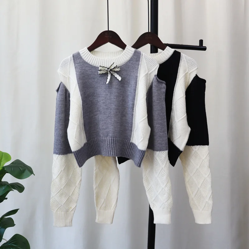 

Sweet Wind Off Shoulder Design Patchwork Sweater Pullover Women's New Bow Contrast Color Knitted Top Autumn Winter 2022 C034