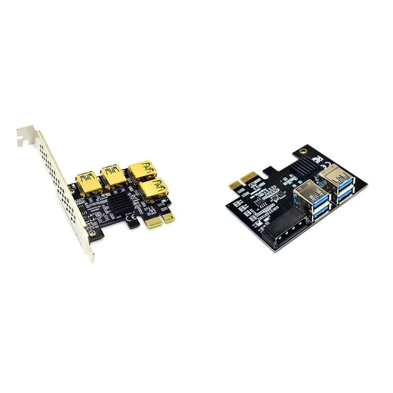 

2 Pcs PCI-E 1 To 4 Expansion Card PCI-E 1X To PCI-E 16X 4 Port USB3.0 Graphics Adapter Card Black Gold & Black