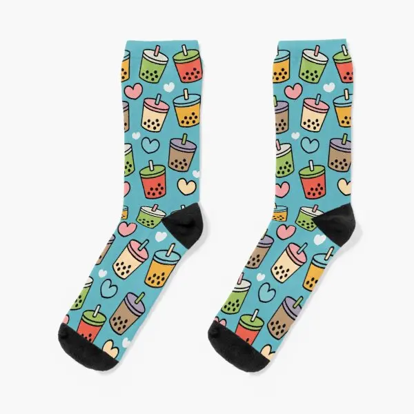 

Cute Bubble Tea Flavors And Hearts Patte Crew Socks Best Mens Black Women Ankle Knee High