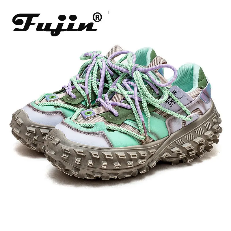 

Fujin 6cm Summer Hollow Breathable Women Comfy Shoes New Air Mesh Fashion Genuine Leather Multicolor Breathable Chunky Sneakers