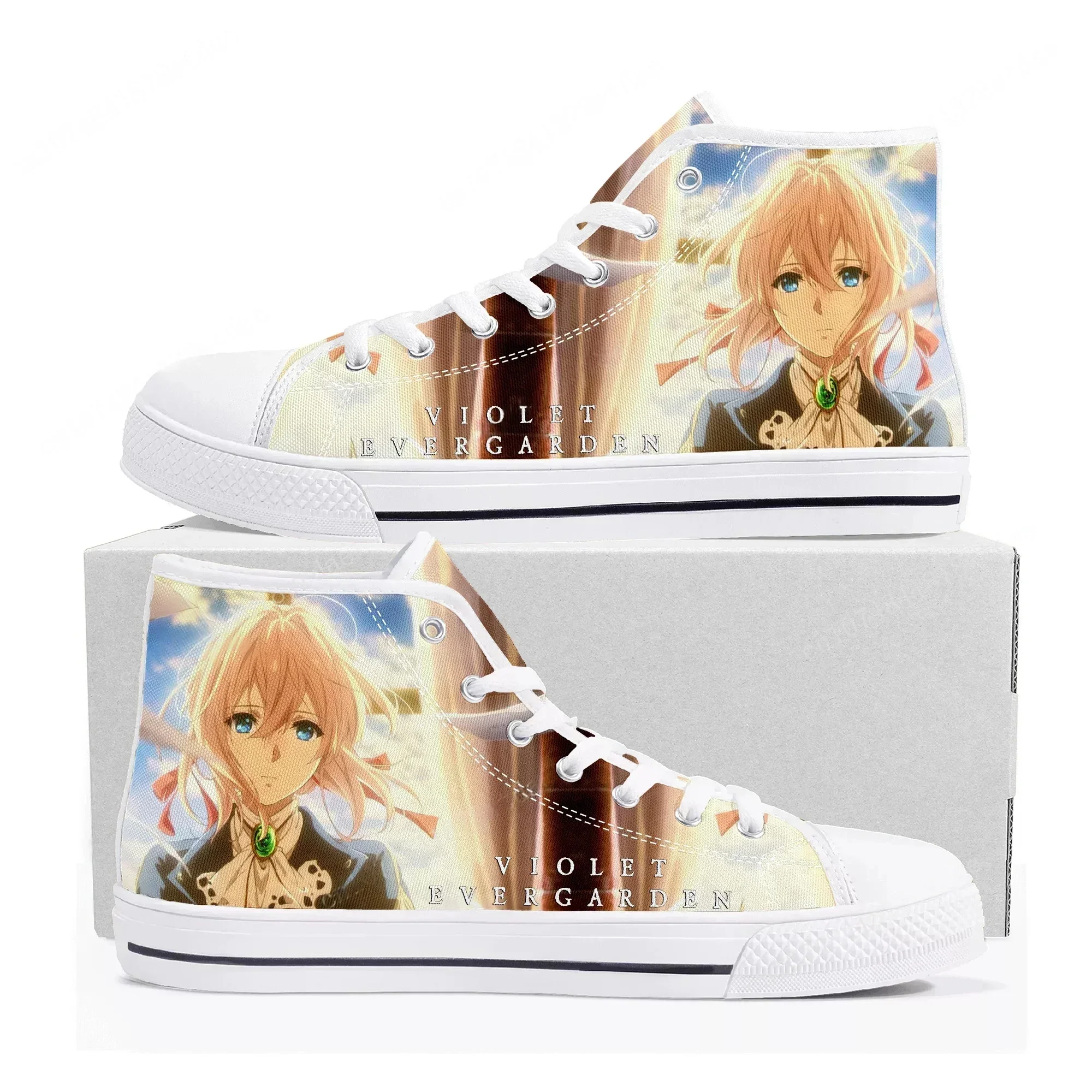 Фото Кроссовки Violet Evergarden с высоким верхом для мужчин и женщин, высококачественные парусиновые кроссовки, обувь для пар с принтами из аниме, комиксов и манги, индивидуальный дизайн. №1