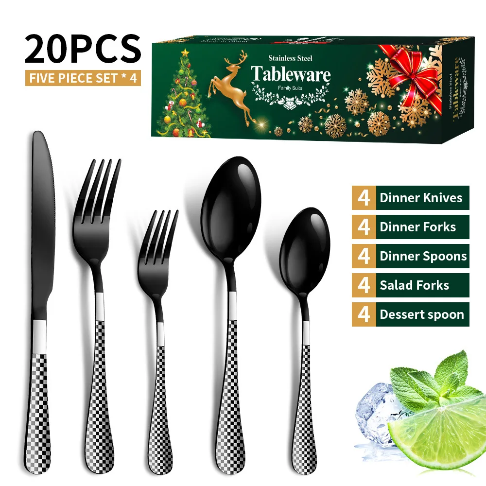 

Stainless steel cutlery set Amazon checkered handle knife, fork and spoon Christmas tableware gift box 20-piece set