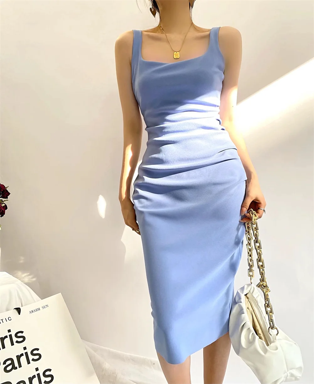 

Summer new street style solid color one-word neck vest dress women's casual all-match stretch open-back thin dress women
