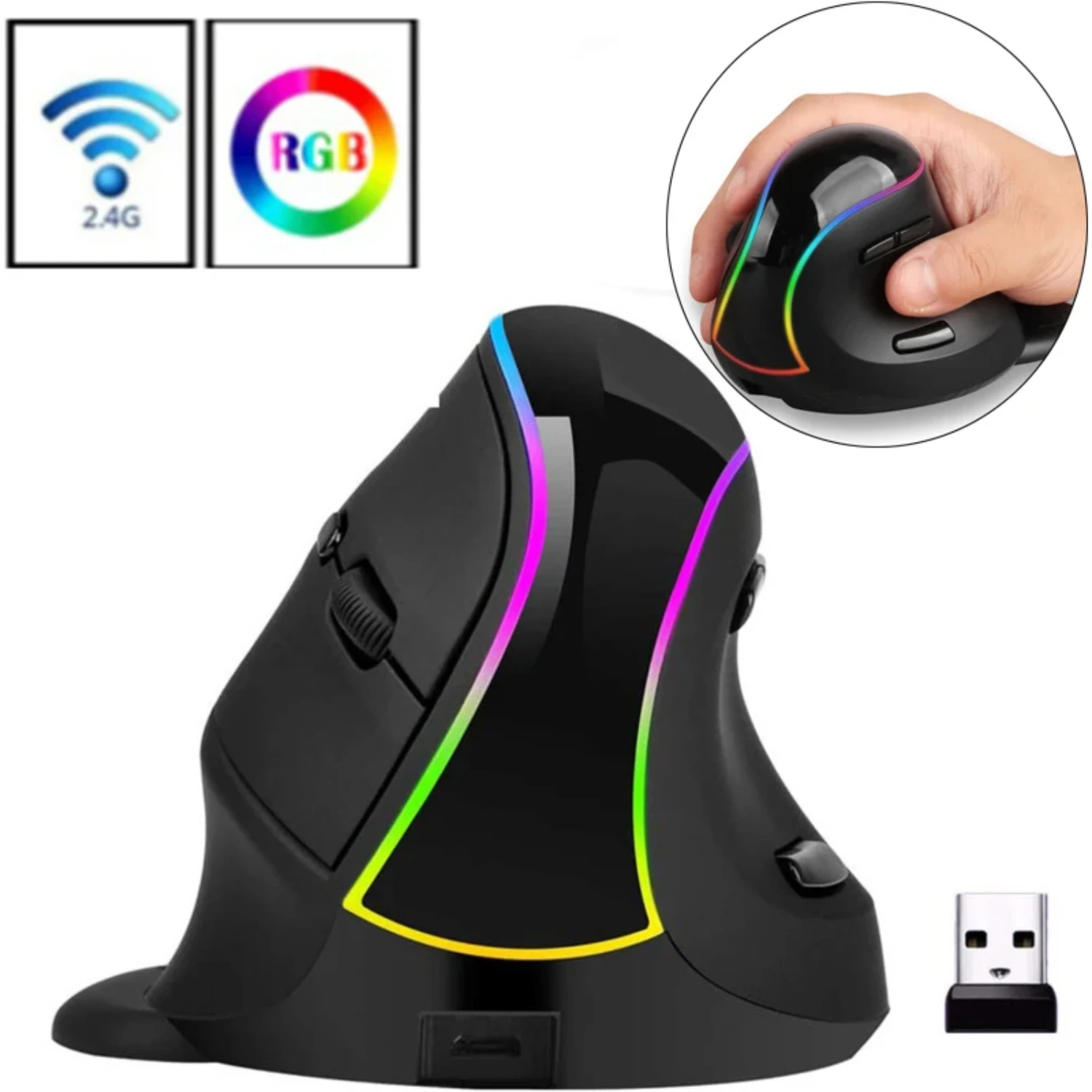 Беспроводная вертикальная мышь Missgoal RGB перезаряжаемая эргономичная USB