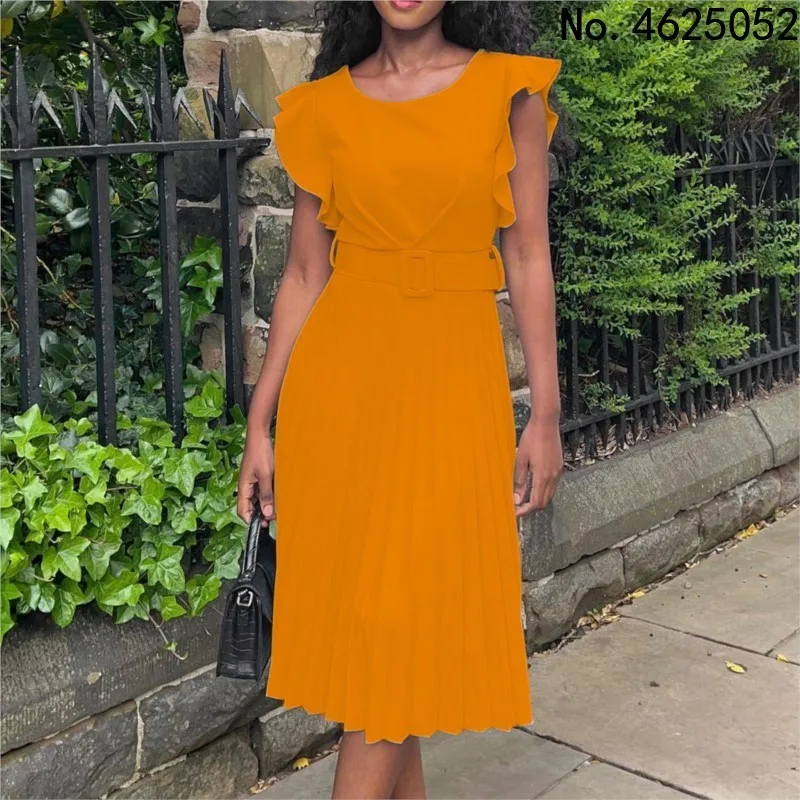 

Женское повседневное плиссированное платье, зеленое офисное платье миди с коротким рукавом и круглым вырезом, офисное платье с поясом, лето...