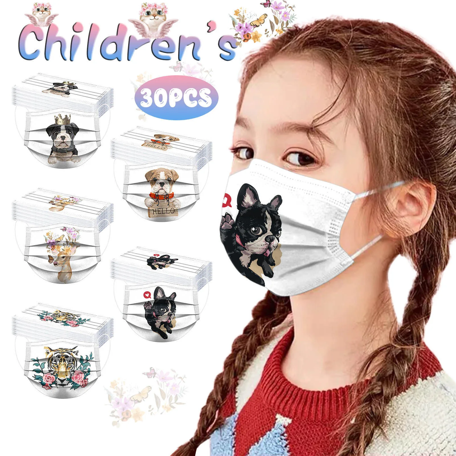 

30PC Children's Mask Kids Cute Animal Print Disposable Face Mask Industrial 3Ply Ear Loop Mask Protective Breathable Mascarillas