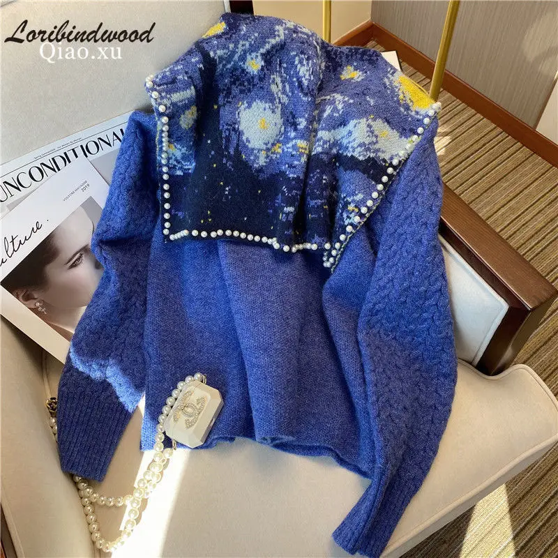 

Blue Sailor Collar Sweater Cardigan 2021 Women's New Fall Winter Fashion Retro Anti-Aging Loose-Fitting Versatile Sweater Coat