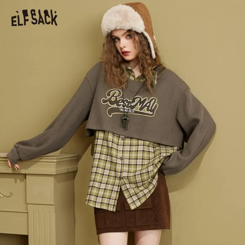 ELFSACK Fake Two-piece Spliced Plaid Shirt Women 2022 Autumn/Winter Casual Tops