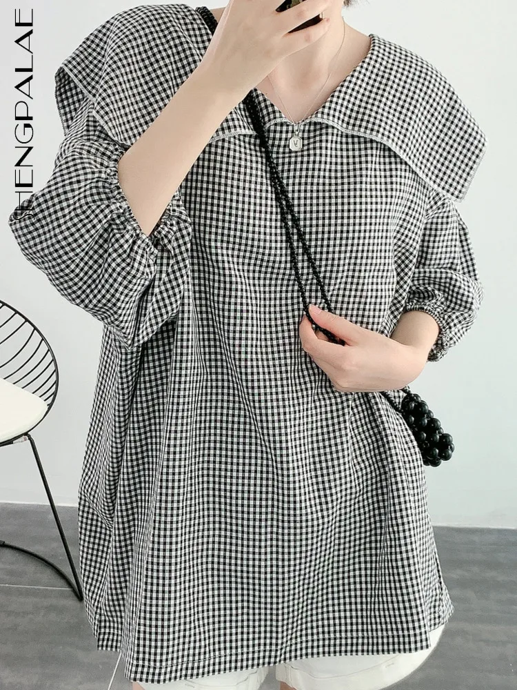 

SHENGPALAE Gingham Women's Shirt Fashion Sailor Collar Lantern Sleeve Spliced Casual Loose Blouse Summer 2023 New Tide 5R3748