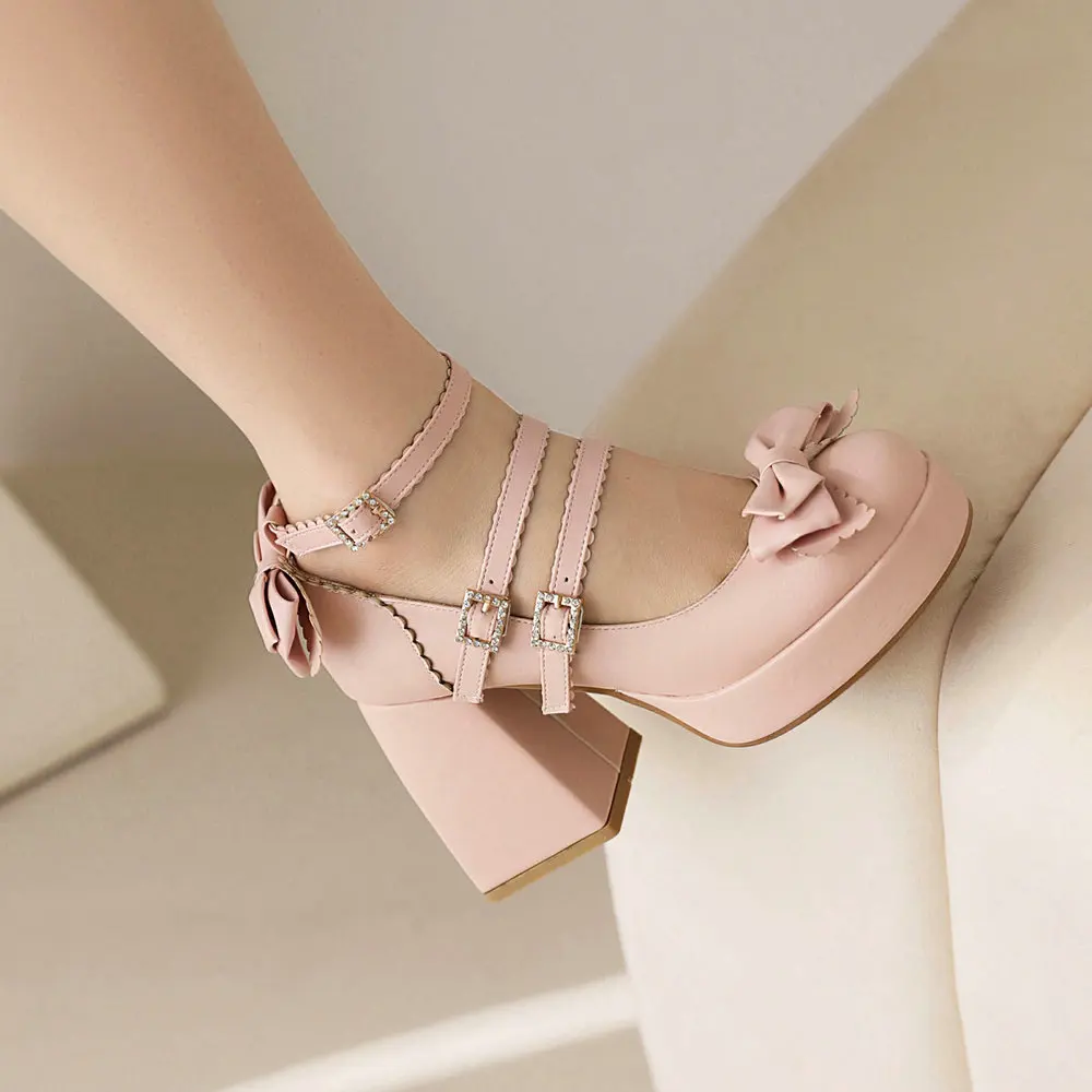 Women's Kawaii Platform Ankle Strap Chunky Heel Mary Jane Pumps Cute Closed Toe Goth Buckle Strappy Bow Party Dress Shoes