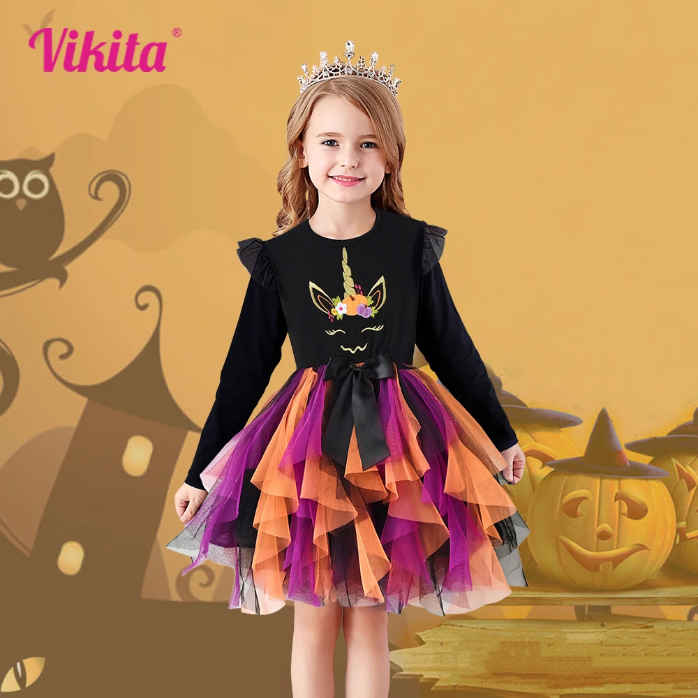 VIKITA  Dress for Kids Girl Halloween PumpkinLayered Mesh Tulle Princess Dress Children Cosplay Festival Clothes 3-12Years