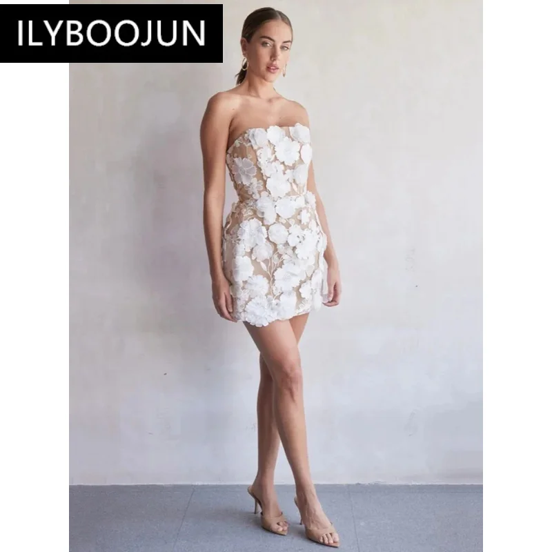 Белое вышитое облегающее мини-бальное платье без бретелек сексуальное