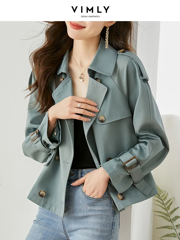 Vimly Korean Fashion Short Spring Jacket Trench Coats for Women Outwear 2023 Loose Elegant  Lapel Double Breasted Jackets V5095