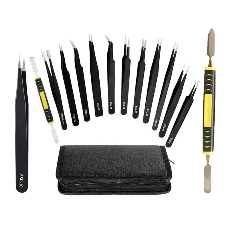 

12 Pieces Precision Tweezers Set Anti-static Stainless Steel ESD Tweezers Kits Includes Straight Tips,Curved Tips