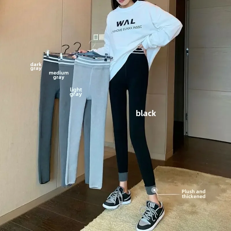 Женские леггинсы на флисовой подкладке утепленные серые штаны для йоги с высокой