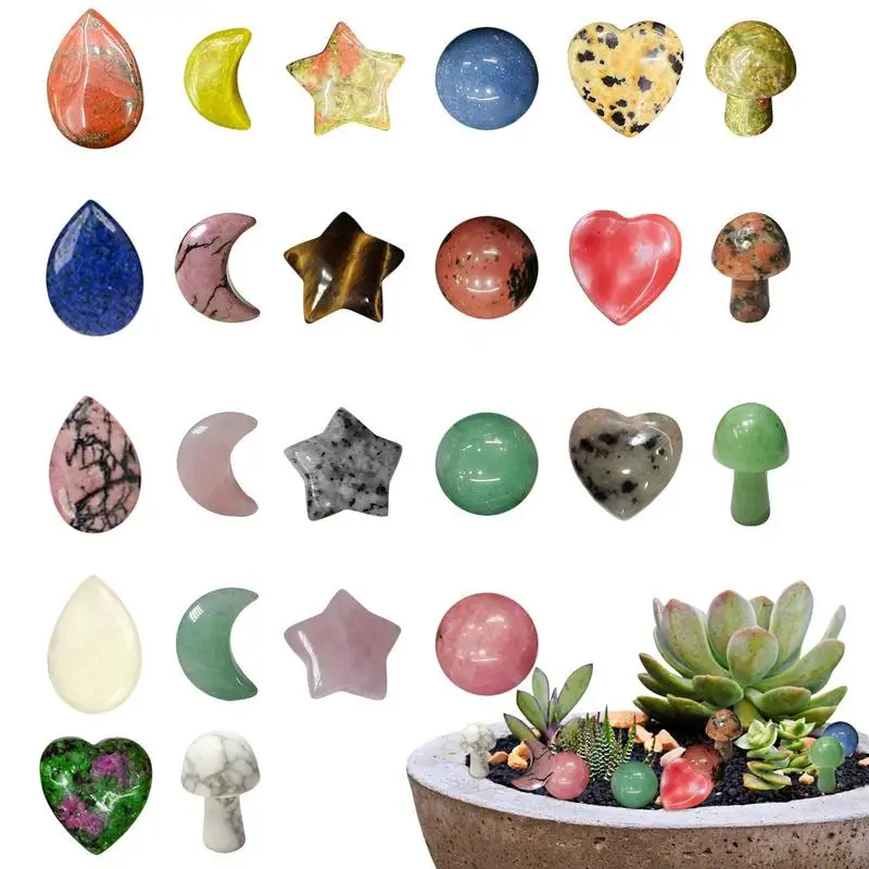 

Crystal Stones 24 Pieces Polished Mushroom Stars Stones Healing Crystal Set Quartz Crafts Decoration For Garden Lawn Flower Pot