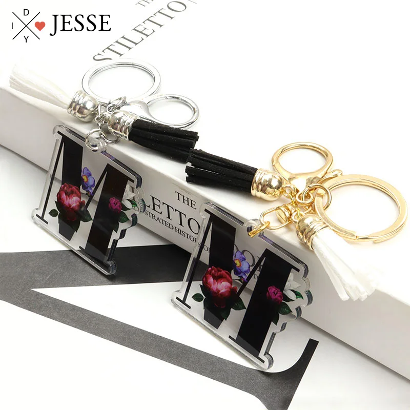 

26 Initial Letters Acrylic Keychain A-Z English Alphabe Charm Black & White Tassel Keyring Bag Car Key Holder Jewelry Accessorie