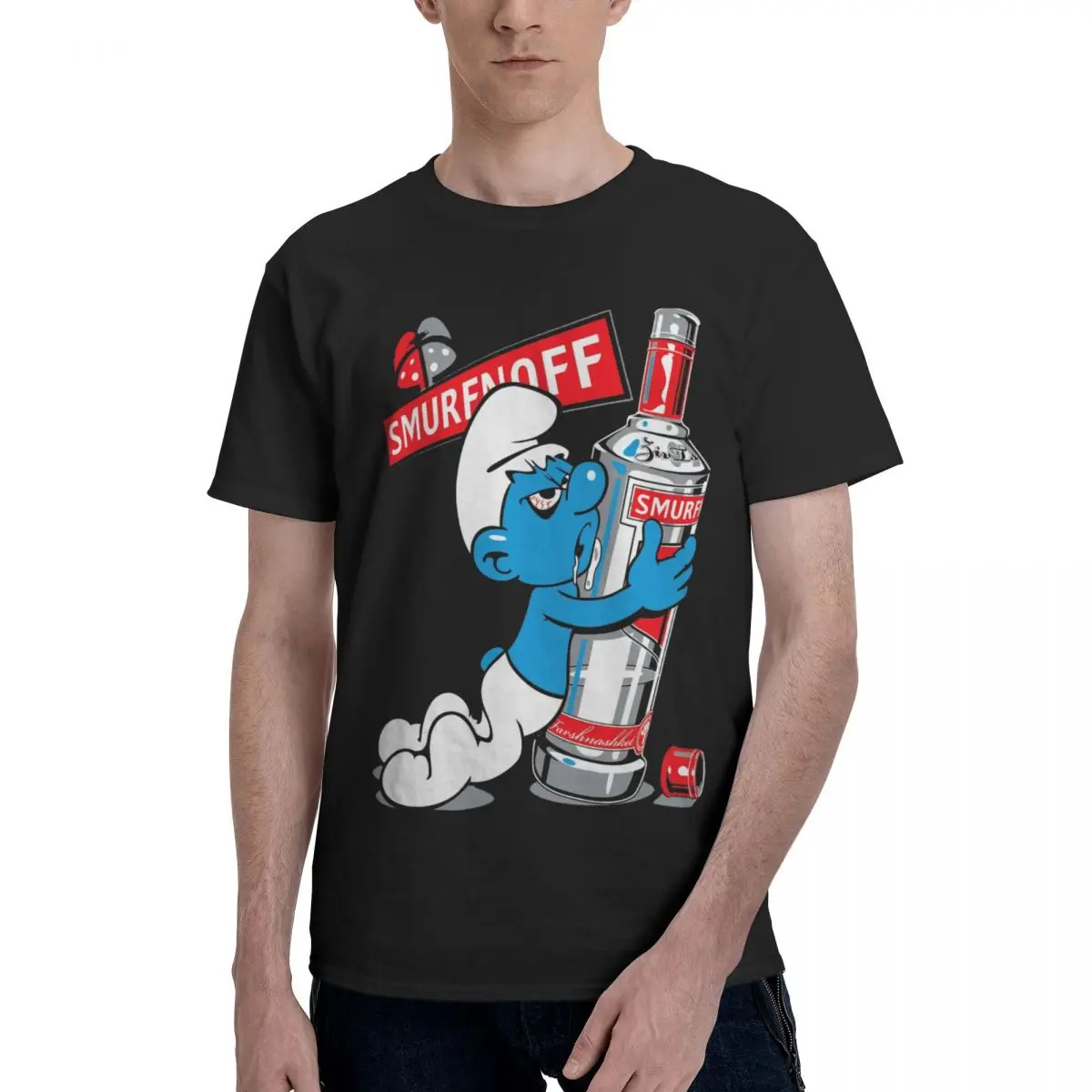 Smurfnoff Cartoon Funny Men's Basic Short Sleeve T-Shirt Black Round Neck