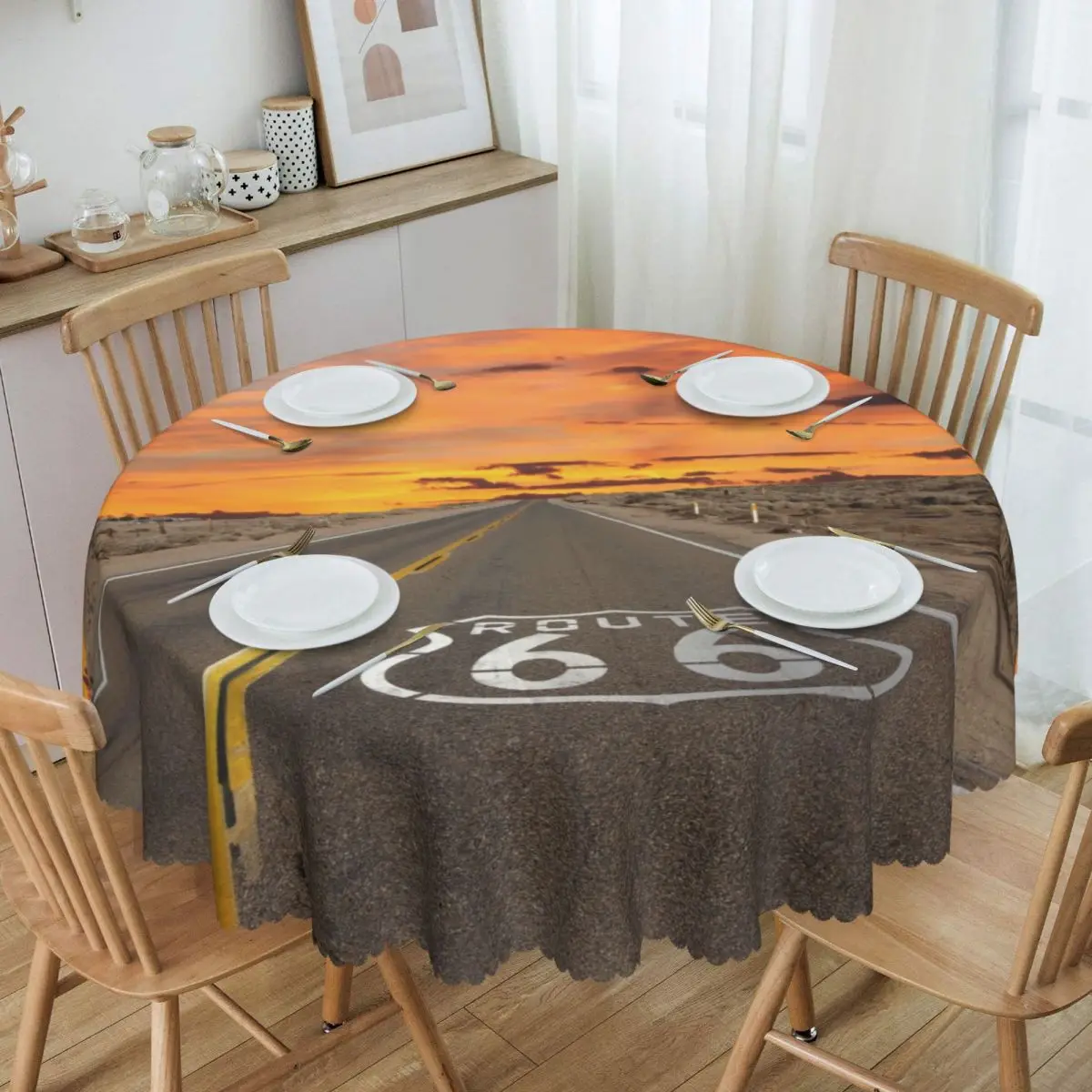

Round Fitted America Highway Route 66 Table Cloth Waterproof Tablecloth 60 inch Table Cover for Kitchen Dinning