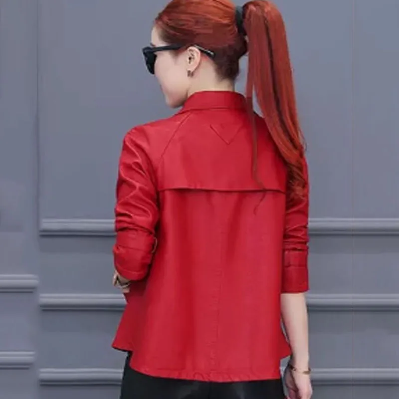 1pcs Womens Short PU Leather Jackets Coat 2022 Autumn New Faux Fur Double-Breasted Splicing Ladies Skinny Locomotive Small Coats