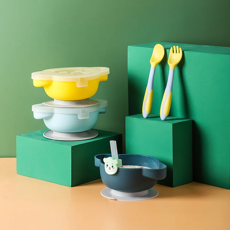 

Набор посуды для кормления ребенка, силиконовая чаша на присоске с крышкой, детская тренировочная посуда, без BPA