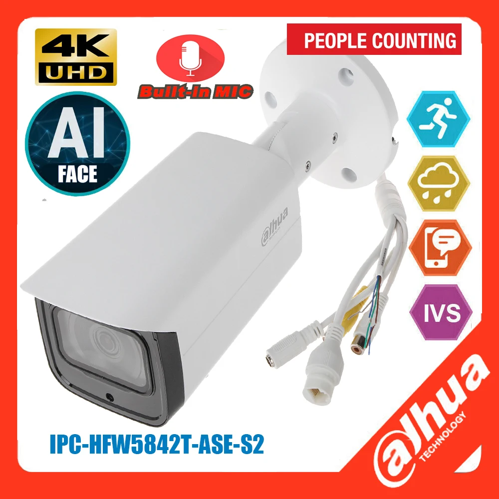 

Dahua International Version IPC-HFW5842T-ASE-S2 8MP 4K POE AI Face Detection People Counting IR Bullet WizMind Network Camera
